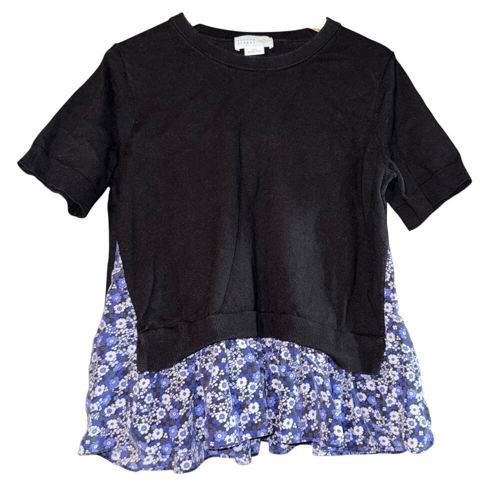 Kate Spade Broome Street Black Blue Ditsy Floral Peplum Sweater Top Womens Large